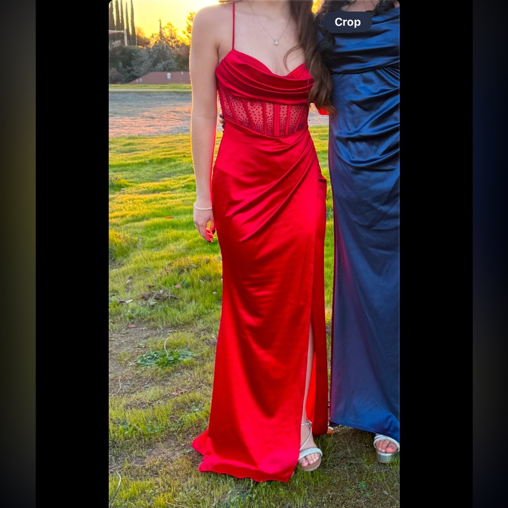 Red prom dress with slit, worn once, jeweled corset!